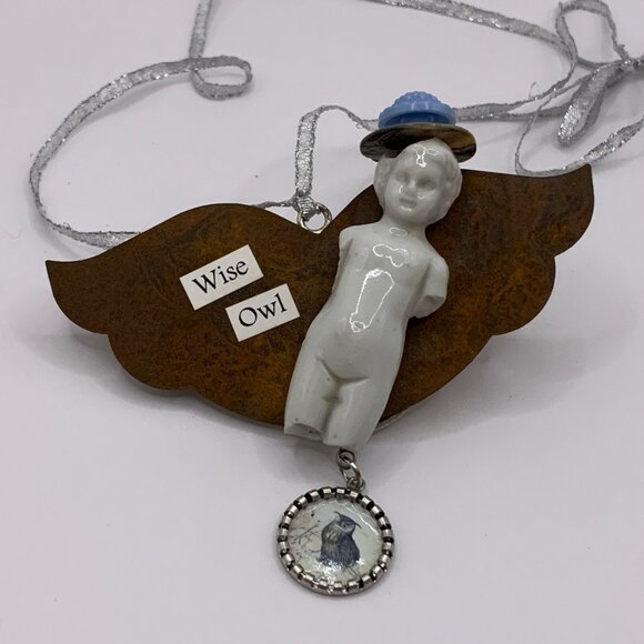 Mixed Media Wise Owl Broken Charlotte Doll Angel Necklace Ornament Handmade J691 - Picture 5 of 7